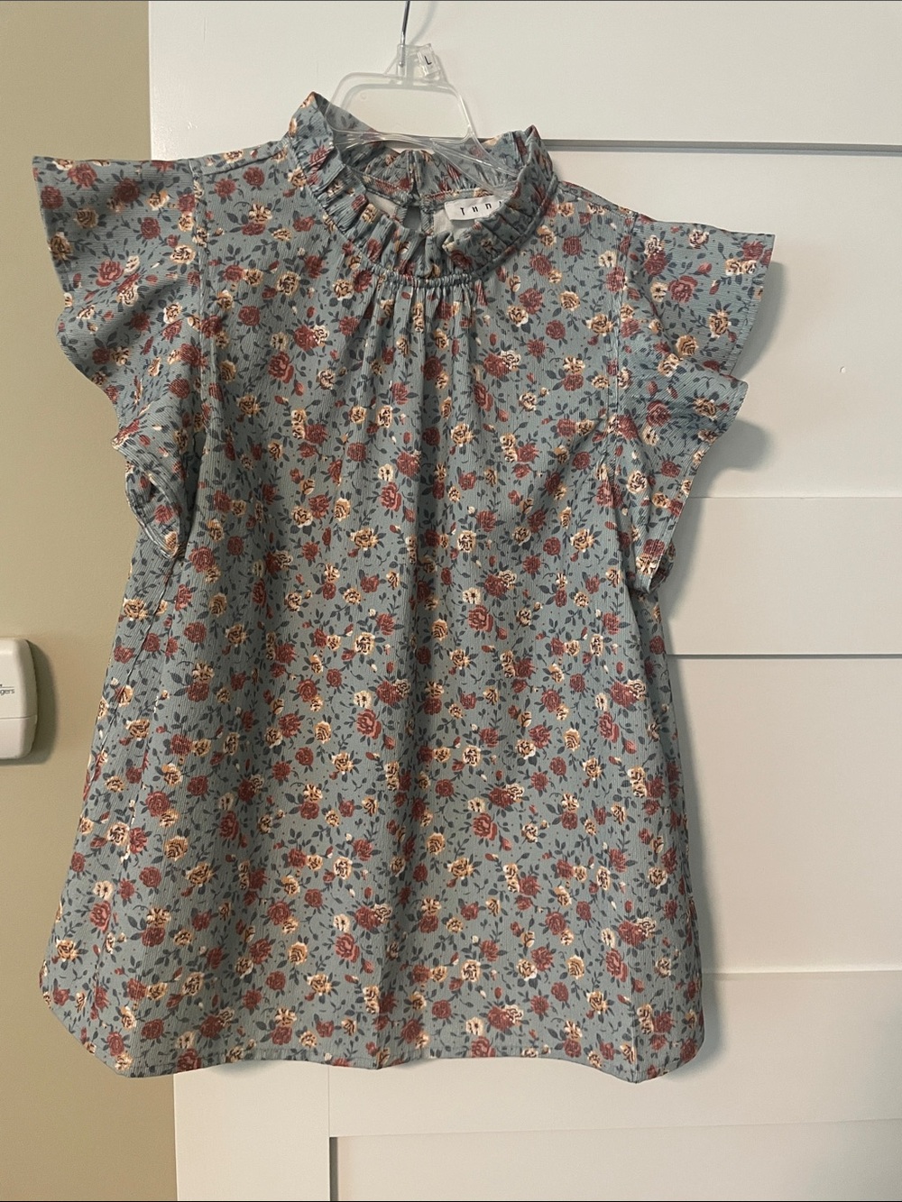 THML Sky Blue Floral Ruffle Neck Blouse with Flutter Sleeves